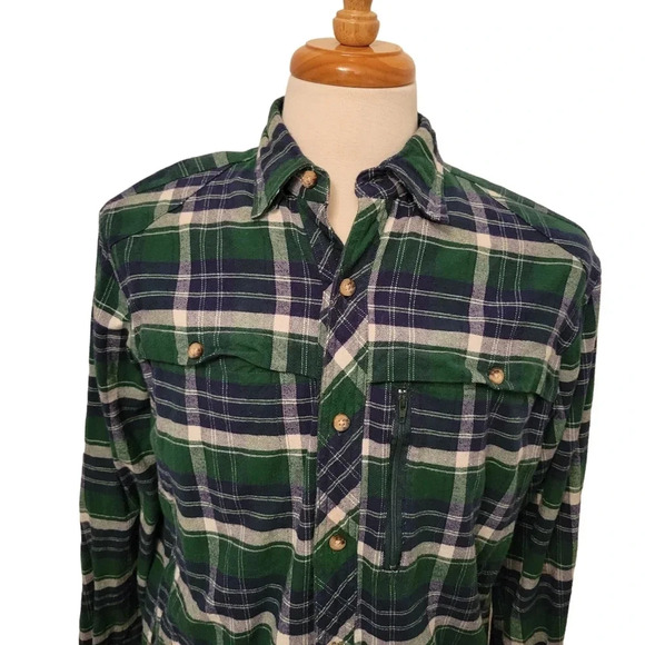 Green Plaid Flannel Shirt M Backpacker Outdoor Trail Shirt Rugged Forestcore - Picture 4 of 12